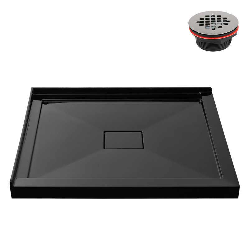 42 in. x 34 in. Corner Acrylic Shower Base in Glossy Black With Center Drain, Drain Included, Glossy Black