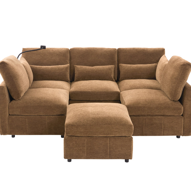 Brown 85.4" Multi - Functional Modular Sectional With Charging Ports, Phone Holder, And Lumbar Pillows For Contemporary Home Decor L Shaped Movable , Ergonomic Flexible Furnishing