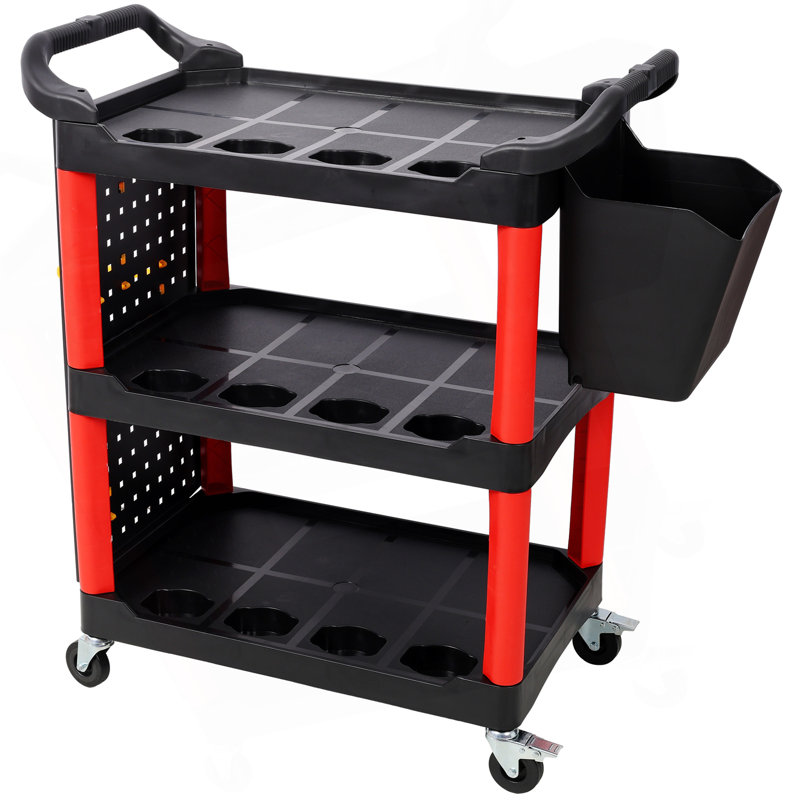 Chariot à roulettes à 3 niveaux avec roues, avec seau, panneau et crochet, pour garage, atelier, atelier de réparation, outil de rangement, rouge et noir