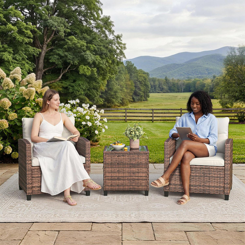 3-Piece PE Rattan Patio Furniture Set – Outdoor Chairs & Table with Tempered Glass Top & Cushions for Patio, Balcony, Poolside