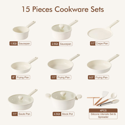 SENSARTE Ceramic Cookware Sets, 15-Piece, Non-toxic Healthy Non Stick, PFAS PTFE PFOA PFOS Free
