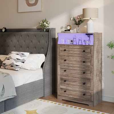 Tall Dressers with 5 Drawer Storage and LED Lights, White Wood Chest of Drawers with Charging Station for Bedroom, Living Room