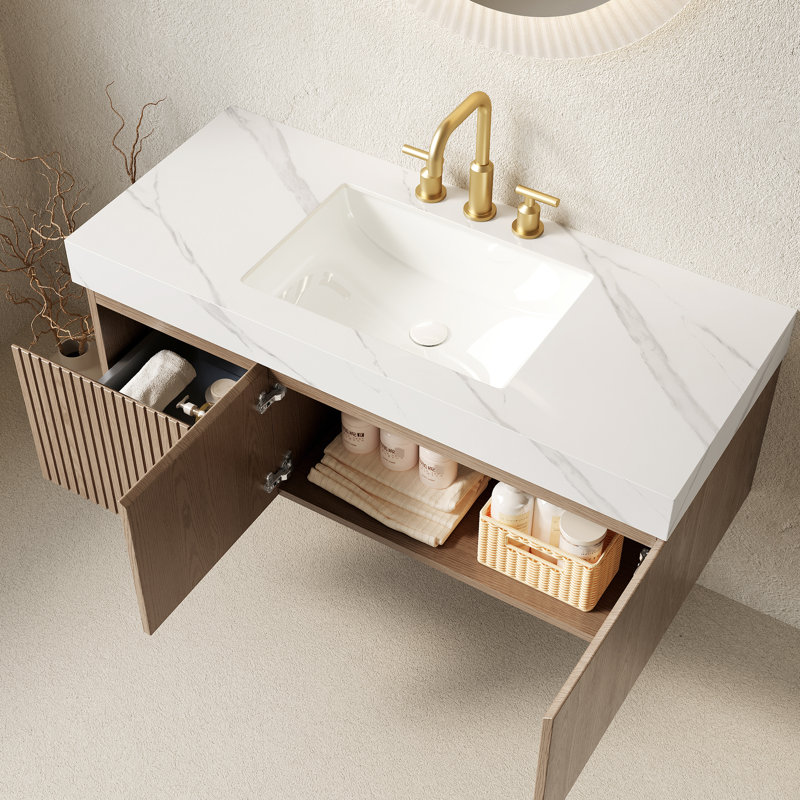 Meuble-lavabo de salle de bain de 122 cm (48 po), pierre frittée blanche, rangement flottant en contreplaqué, lavabo en céramique, 3 trous prépercés pour robinetterie, trou de trop-plein, meuble assemblé, tiroirs et portes de rangement, matériau résistant à l'eau