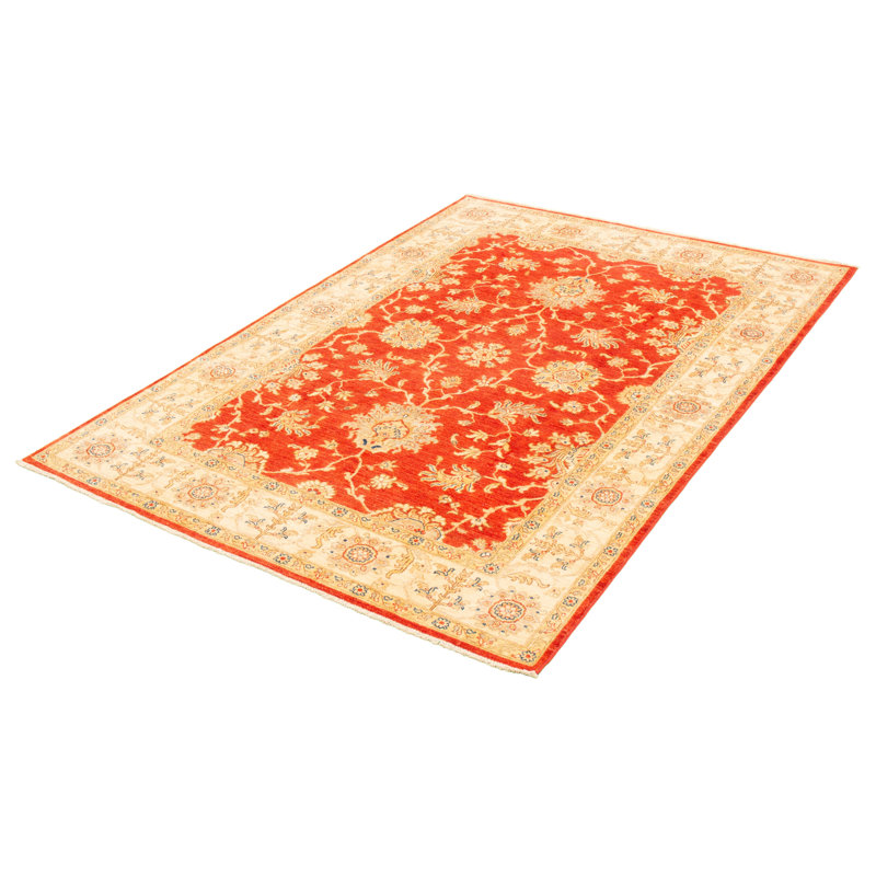 Tapis décoratif en laine noué à la main de conception unique 6 pi 8 po x 9 pi 9 po « New Age » rouge/Ivoire/orange
