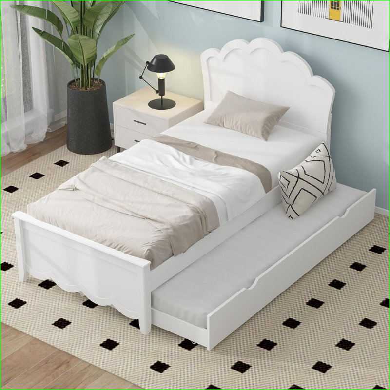 Lit plateforme simple en bois de pin massif avec lit gigogne et amp; Tête de lit - Aucun sommier requis, blanc pour chambre d'amis