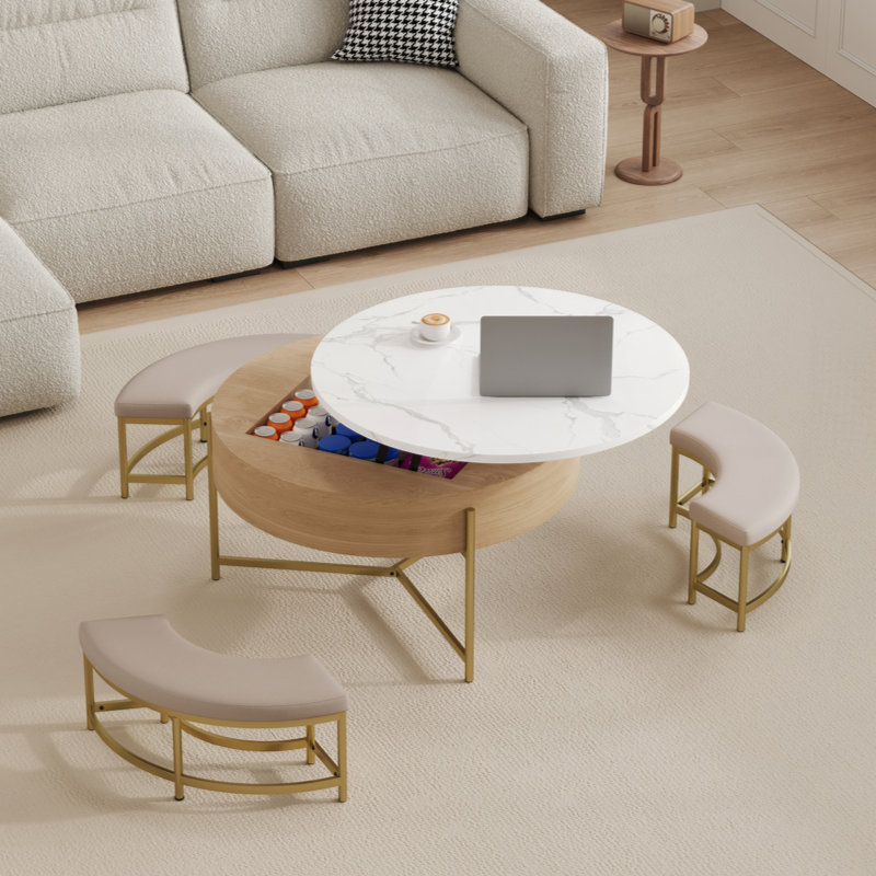 Table basse à plateau relevable moderne avec rangement et 3 repose-pieds, Blanc, Doré