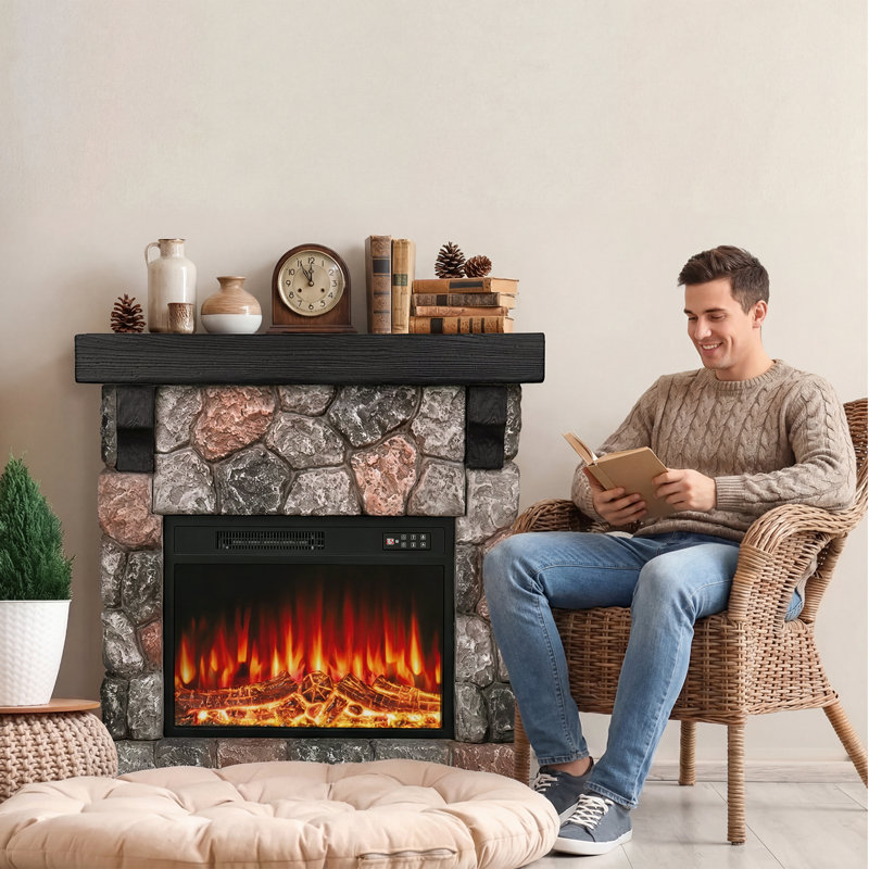 Electric Fireplace With Mantel, 23" Electric Fireplace Heater With Faux-stone Mantel, 34.24" H x 36.06" W x 11.5" D