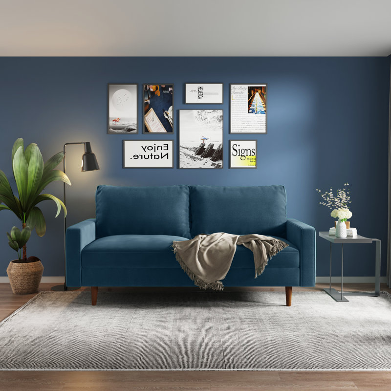 Canapé à accoudoirs carrés 70 po Jo, Velours bleu foncé
