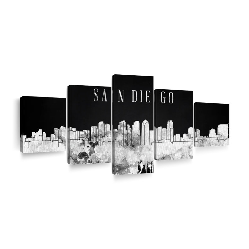 San Diego Skyline BW - Ensemble de 5 toiles tendues, H 24 po x l 55 po x P 1,25 po