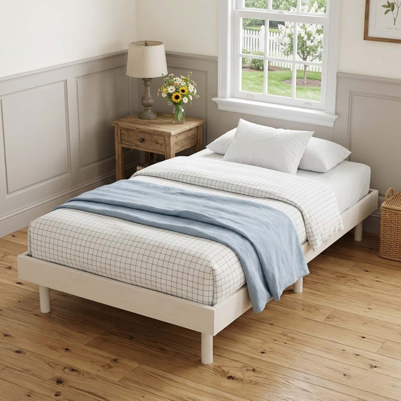 Conny Modern Style Twin 10.51'' Bed Frame with Center Support Legs and Slats for Bedroom, White Washed