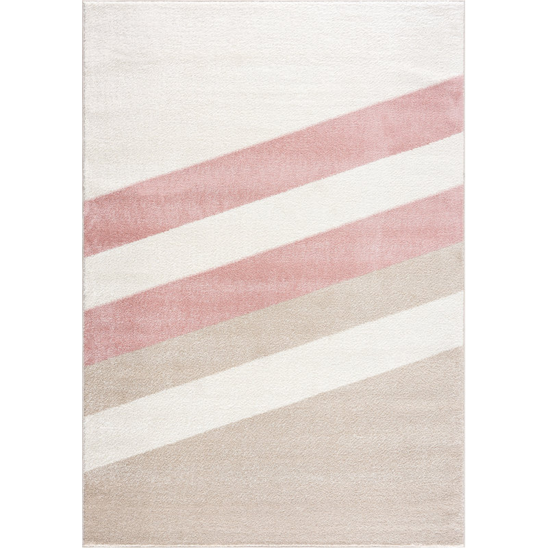 DEC150A Cream Blush Pink Diagonal Lines Area Rug, Rectangle 4' x 6'