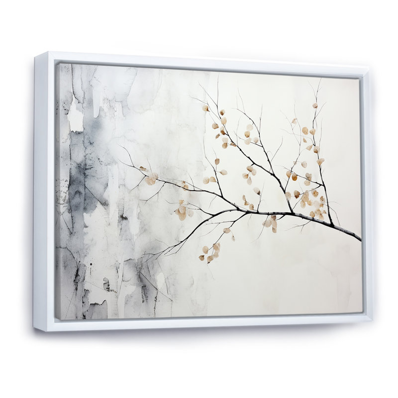Arbre de minimalisme gris bouleau I sur toile, H 16 po x l 32 po x P 1 po, Cadre flottant blanc