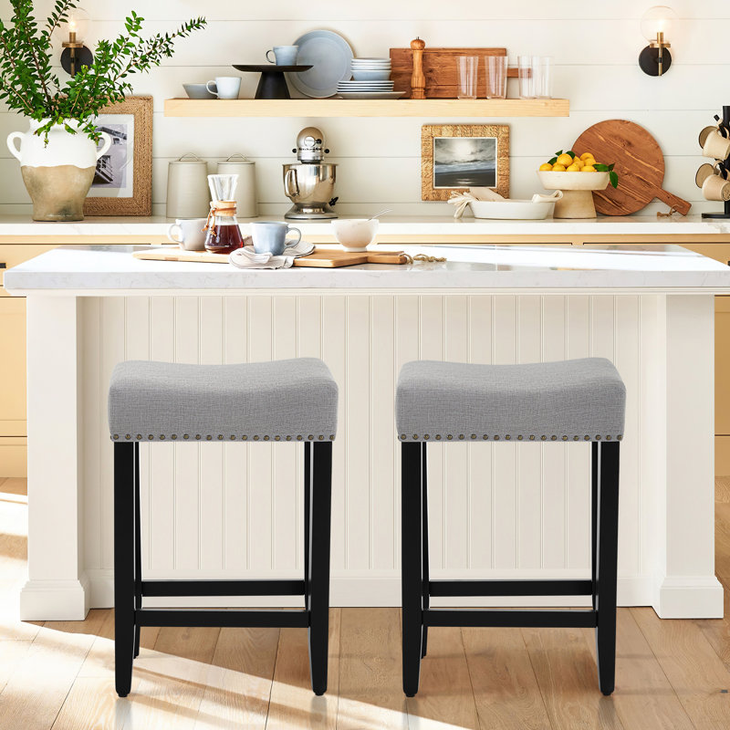 Backless Saddle Upholstered 26" Counter Stool with Wood Frame, Beige/Natural Wood