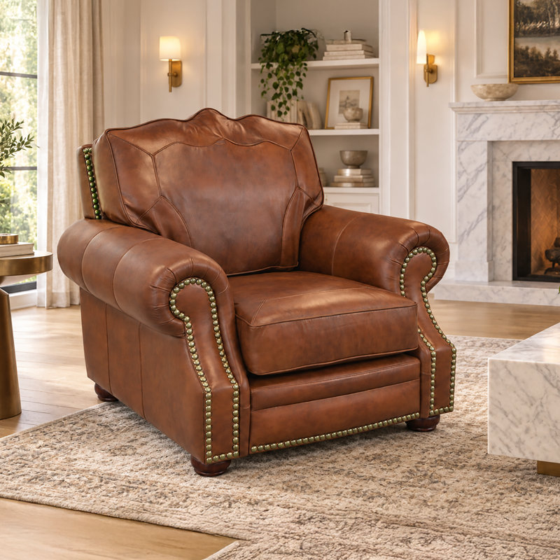 Fauteuil club en cuir véritable avec garniture cloutée 48 po Stana, Cuir véritable noyer Berkshire