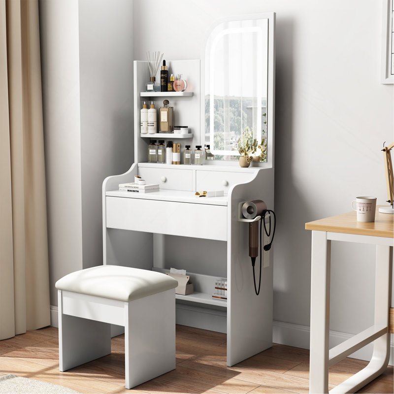 Fashion Vanity Desk With Mirror And Lights For Makeup With Hair Dryer Holder And Chair, Vanity Mirror With Lights And Table Set With 3 Color Lighting Brightness Adjustable, 3 Drawers, White Color