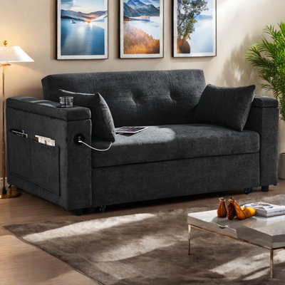 Canapé-lit inclinable à deux places de 54 po avec accoudoirs avec rangement et poches latérales, dossier réglable et coussin lombaire pour appartements, salons, etc. avec prise de courant USB