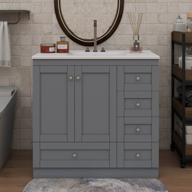 Meuble-lavabo 36 po avec lavabo en céramique et armoire de rangement à tiroir, Gris