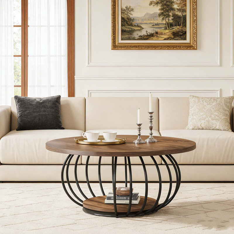 Round 2-Tier Accent Center Cocktail Table With Storage Shelf