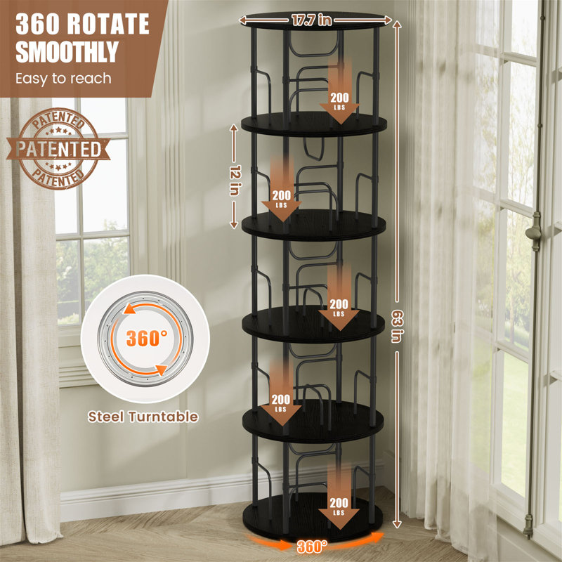 360° Rotating Bookcase, Storage And Display Spinning Corner Bookshelf For Home Office And Living Room, Black