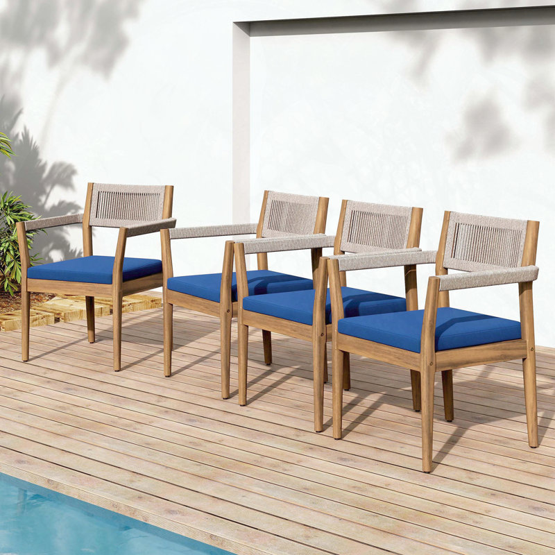 Braided Acacia Wood Outdoor Dining Chairs with Beige Rope and Navy Cushions (Set of 2)
