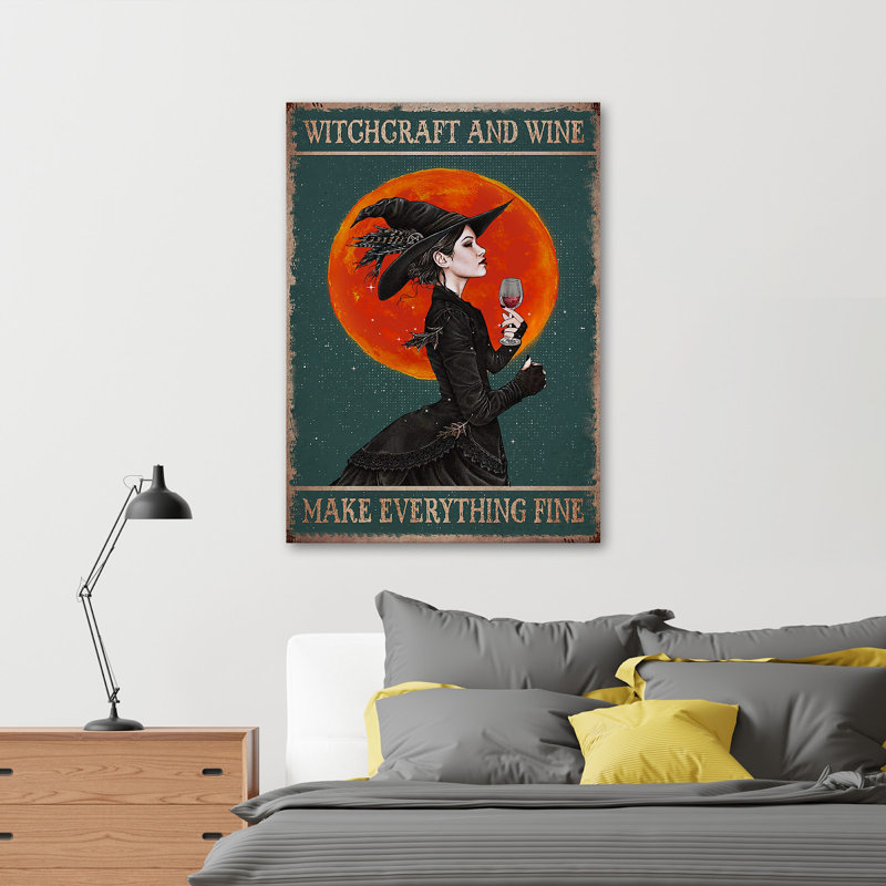 «Witch with Wine - Witchgraft And Wine», reproduction d'art graphique sur toile tendue, H 14 po x l 11 po x P 2 po