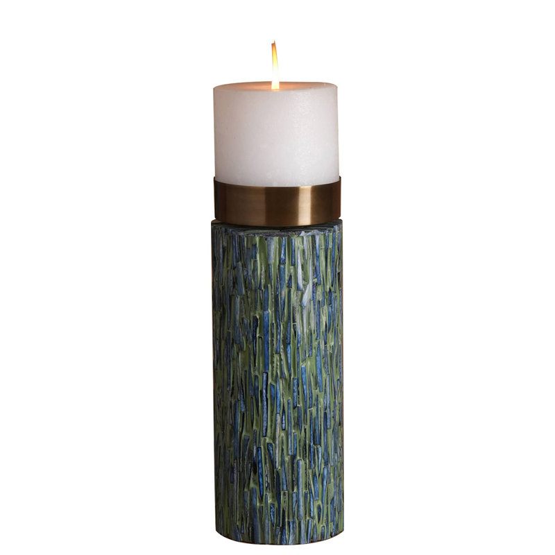 India. Curated. Elegant Handcrafted Candle Stand: Blue Bone with White Resin Inlay and Brass Top