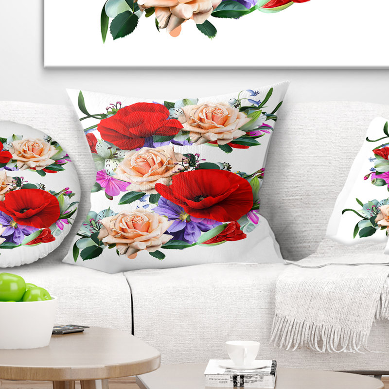 Illustration florale avec une variété de fleurs - Coussin imprimé floral, 16 po x 1 po, Coussin décoratif