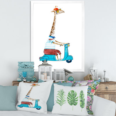 " Giraffe Dressed Up Wearing Helmet And Riding Scooter " Painting Print