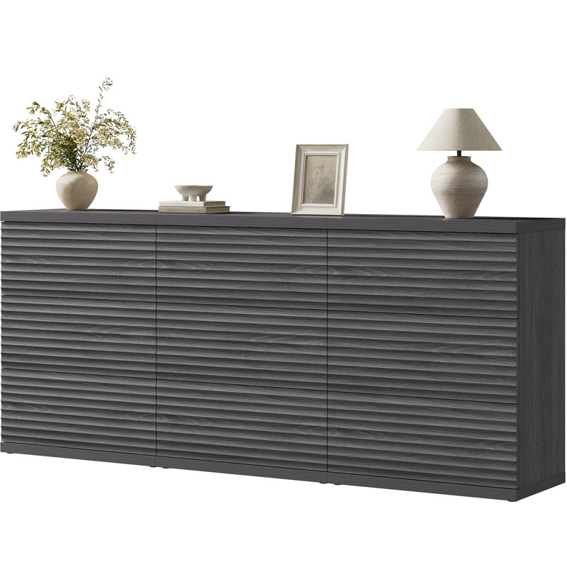 Modern Fluted 3-Drawer Dresser With Pop - Up Design, Dark Gray Alder