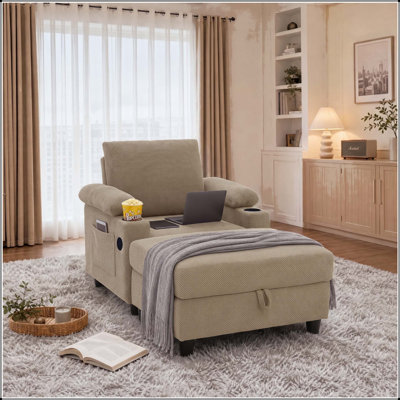 Convertible Accent Chair with Ottoman, Cup Holders, USB Ports, and Reclining Backrest