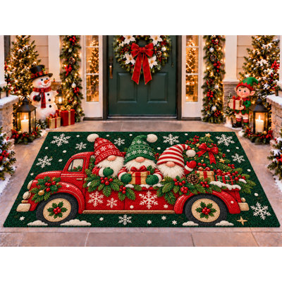 5’ x 7’ Outdoor Area Rug Christmas Gnomes Red Truck Gifts Green, Heavyweight Waterproof PVC Coil Loop Carpet, Quick Dry Indoor Outdoor Mat for Porch Deck Entryway Large Doormat