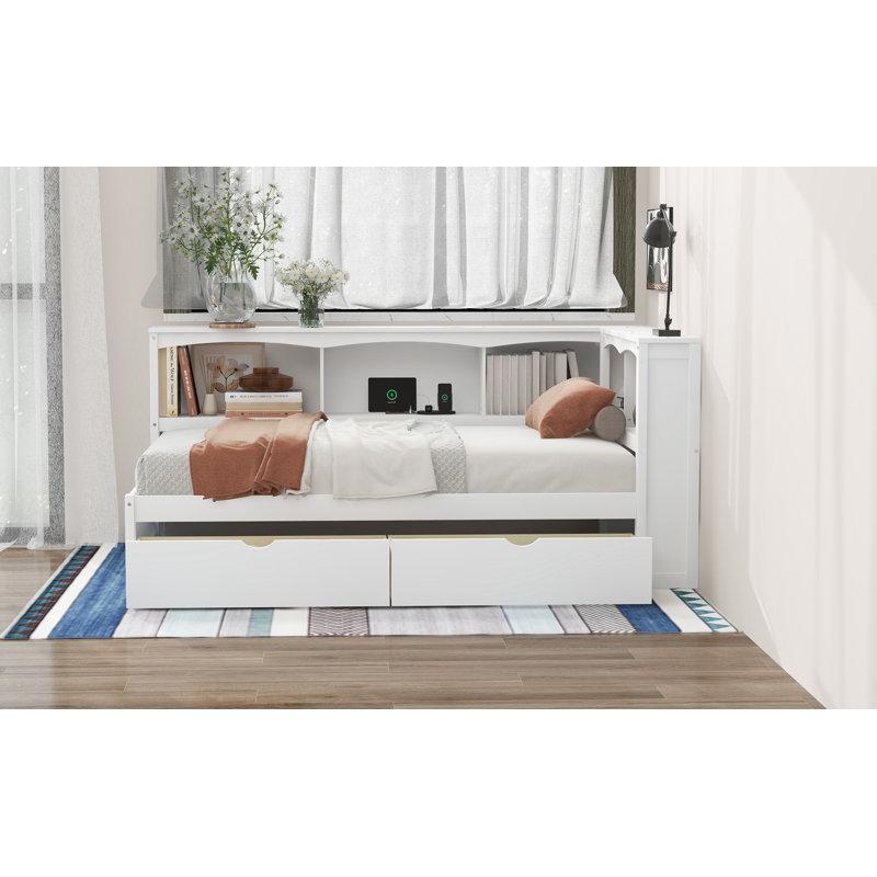 Lit de jour simple avec deux tiroirs de rangement, armoires de rangement et ports USB, Blanc