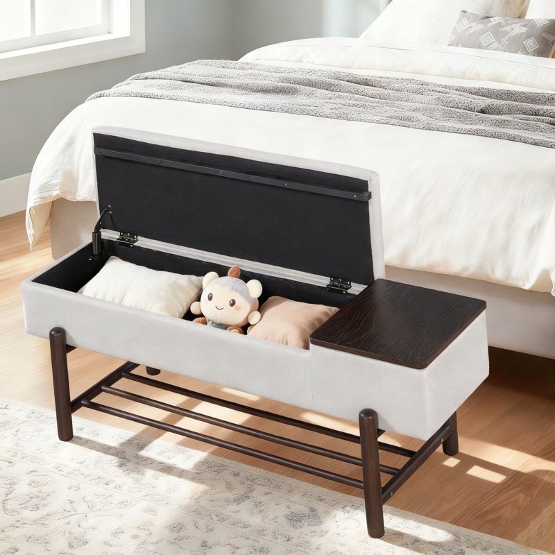 Industrial Storage Bench with Flip-Top Design, Metal Frame and Upholstered Seat with Hidden Storage  and open shoes storage for Living Room, Bedroom, entryway