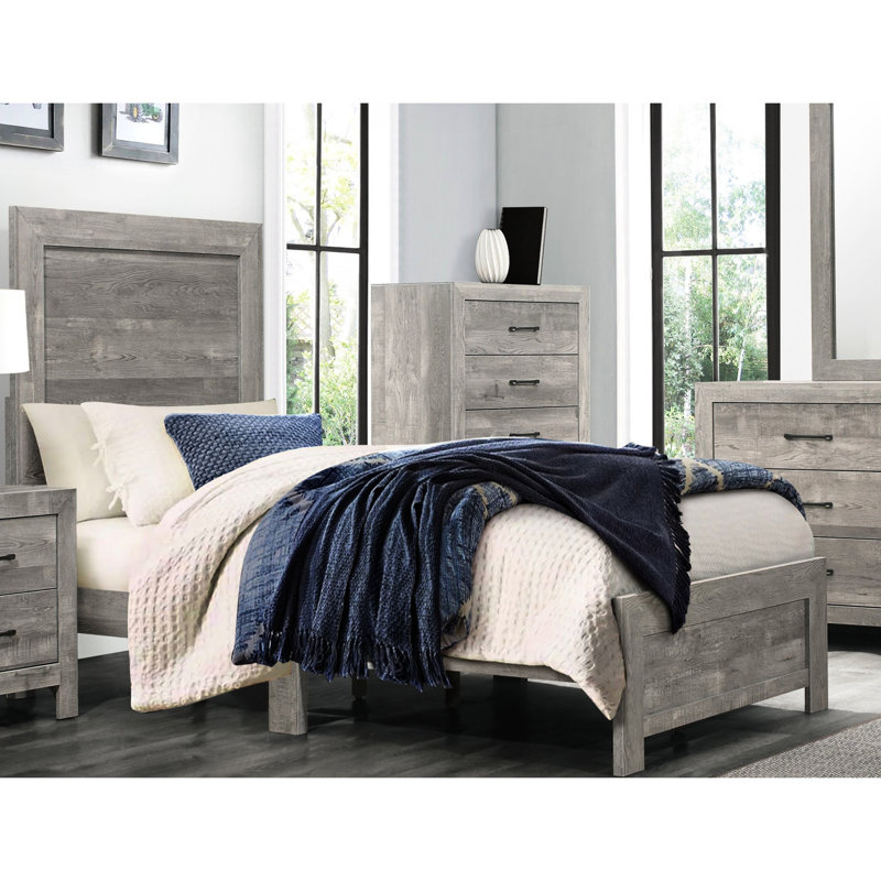 Structure de lit simple gris pour chambre à coucher, matériau en bois, avec tête de lit et lit de chambre à coucher en bois, aspect rustique, rails, sommier