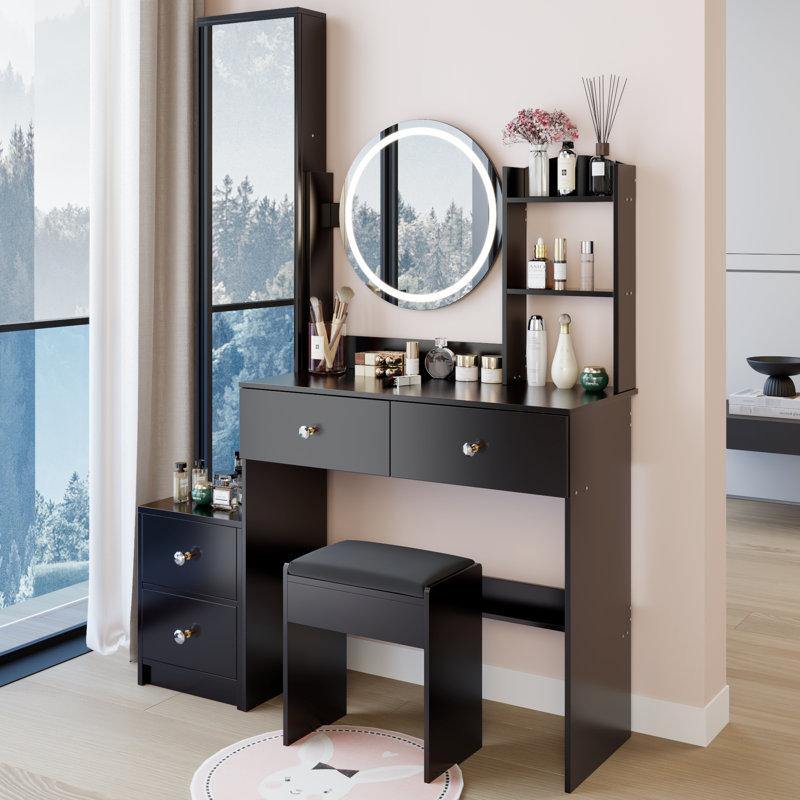 Table de meuble-lavabo 3 lumières à DEL réglable avec contrôle tactile, avec armoire à miroir pleine grandeur et tabouret rembourré, conception de style américain, matériau noir, 42,92 po de profondeur, 13,83 de largeur,