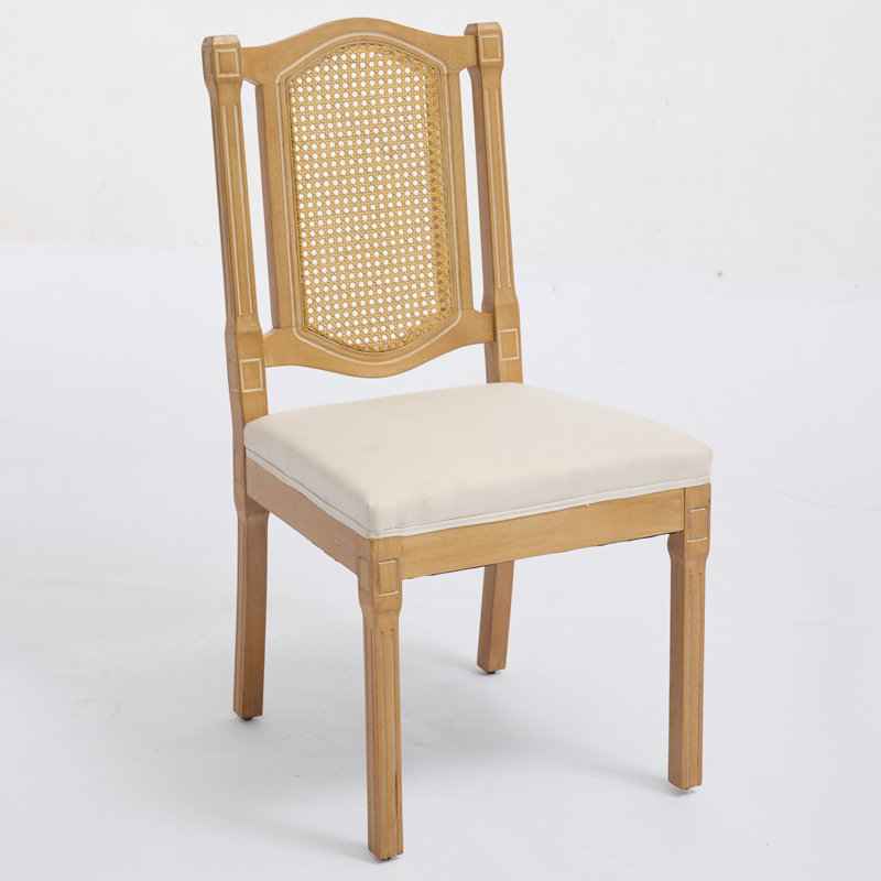 Chaise en bois massif à dossier en rotin, Beige