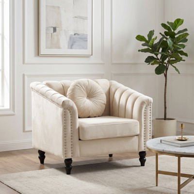 White Upholstered Armchair with Channel Tufting, Rolled Arms and Nailhead Trim