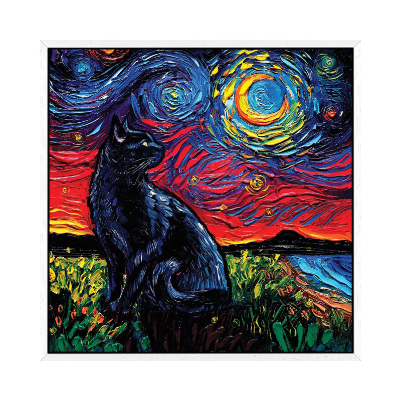 Black Cat Night II by Aja Trier - Painting on Canvas, 93.98 cm H x 93.98 cm W, White Framed Canvas