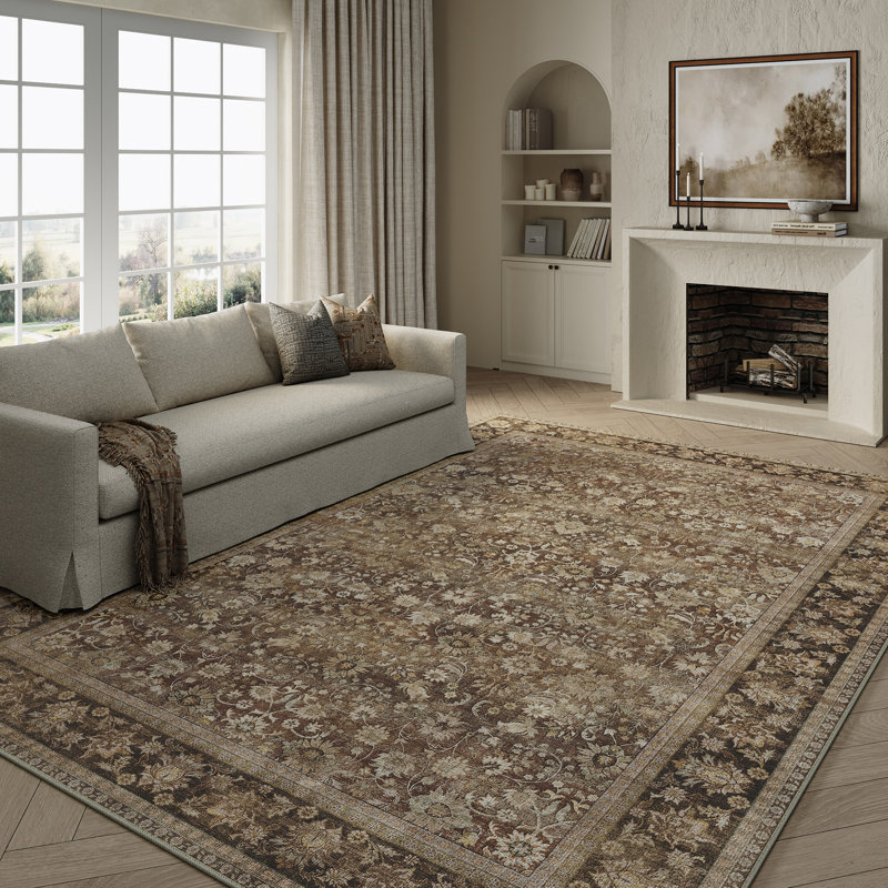 Kitty Machine Washable Oriental Area Rug with Non-Slip Backing, Rectangle 9' x 12', Brown