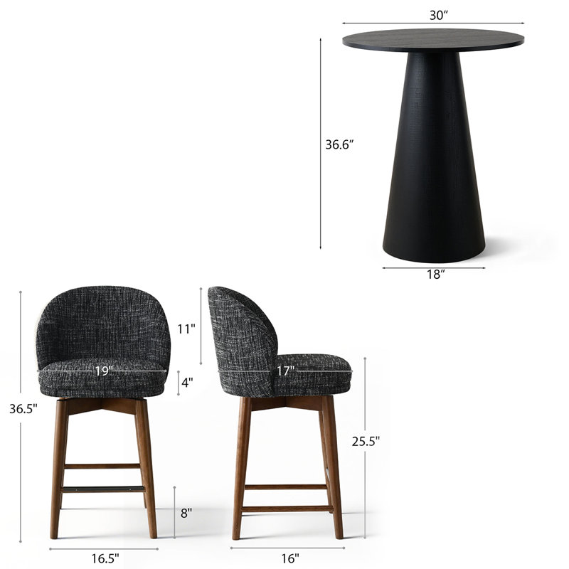 Modern 30" Round Counter Height Dining Set with 2 Upholstered Swivel Counter Stools, Black/Brown
