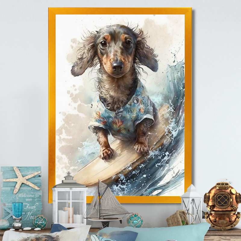 «Dog Surfing I», impression sur toile, Impression dorée sur toile encadrée, H 32 po x l 24 po x P 1 po