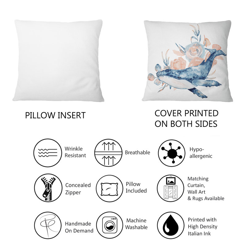 Blue Whale On White III - Nautical & Coastal Printed Throw Pillow 12" x 20"