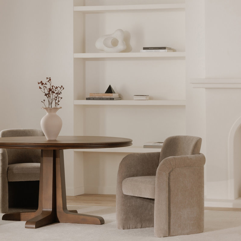 Becca Upholstered Rolling Dining Arm Chair, Light Beige Performance Chenille