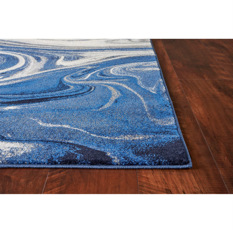 Tapis d'intérieur bleu en marbre tissé à la machine Strouth, Rectangle 5 pi x 7 pi 6 po