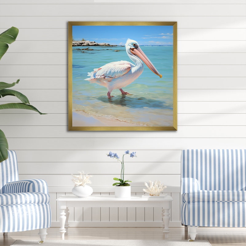 Art tropical sur toile de pélican tropical, Cadre doré simple, H 36 po x l 36 po x P 1,5 po