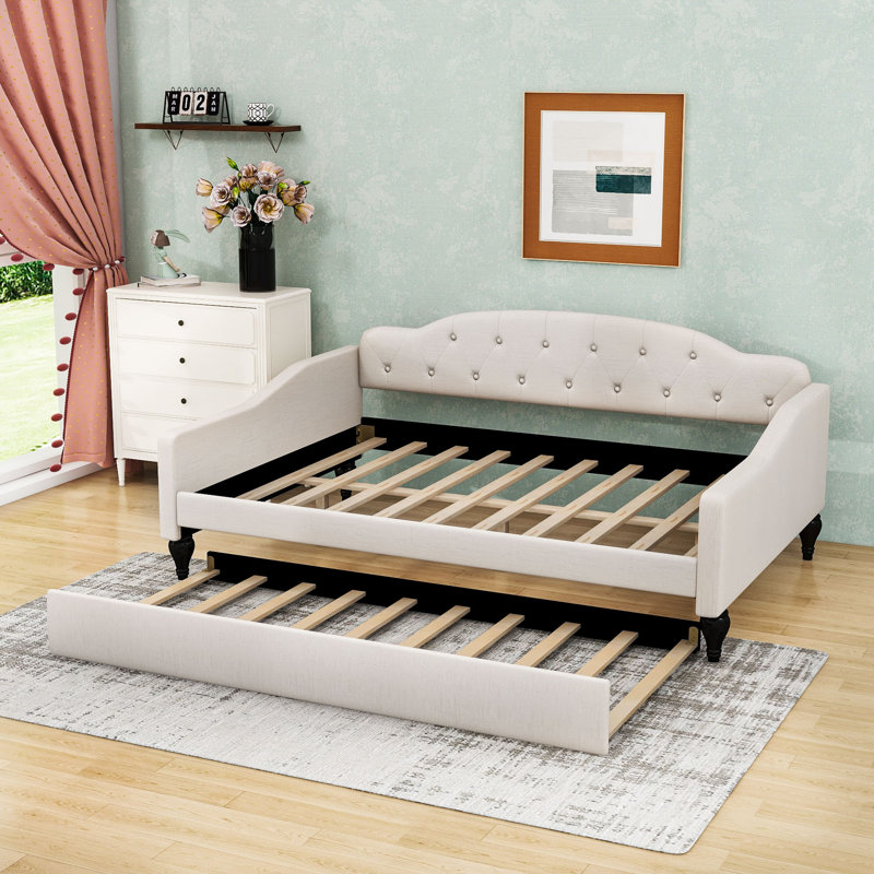 Full Size Linen Upholstered Daybed with Twin Trundle