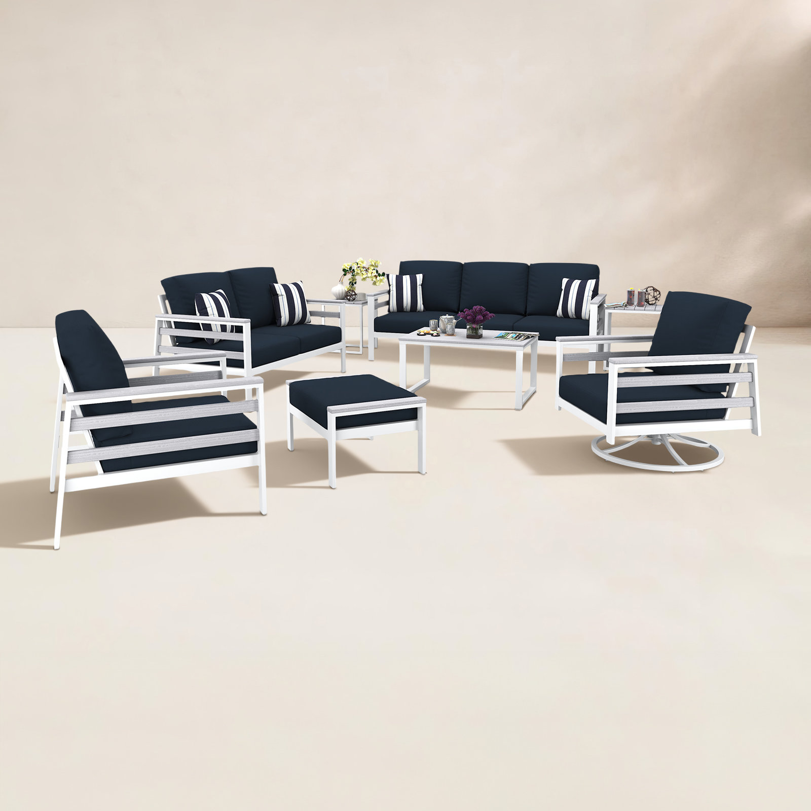 Townsend 7-Person Sunbrella® Patio Seating Group, Canvas Navy, White