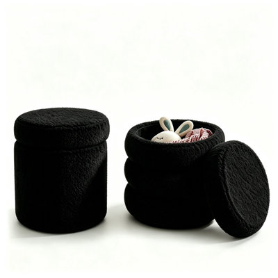 Round Ottoman with Storage Boucle Ottoman (Black) Storage Removable Lid for Living Room Modern Vanity Sorage Stool Foot Rest Bedroom Set of 2