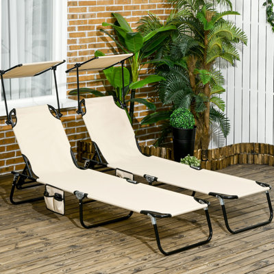 Chaises longues d'extérieur pour la cour - Chaise pliante avec abat-jour à baldaquin, dossier inclinable, fabrication de chaises de plage de bronzage en acier avec protection, construction, cour brun clair à poches latérales, patio