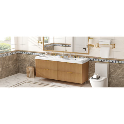 Double Sink Vanity Cabinet, 59.3 Inch Mdf Wood Modern Wall Mounted